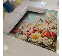 HOBBOY Low Pile Area Rugs Spring Garden Flowers and Birds Print Door Mat for Living Room Bedroom Kitchen Office Non-Slip Washable 150 x 210 cm