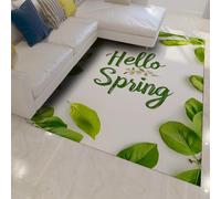 HOBBOY Modern Leaf Design Floor Rug Hello Spring Green Plants Theme Low Pile Indoor Carpet Washable Portable for Living Room Bedroom 140 x 180 cm