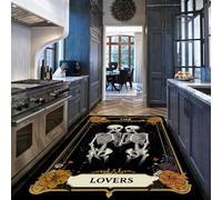 HOBBOY Mystical Gothic Thin Rugs 60 x 100 cm Romantic Dancing Skeleton Pair with Floral Frame on Black Floor Mat the Lovers Tarot Dark Home Decor