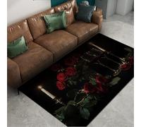 HOBBOY Non Slip Rug 140 x 200 cm Chic Romantic Red Wine Glass and Rose Pattern Door Mat for Living Room Bedroom Dorm Restaurant Low Pile Washable