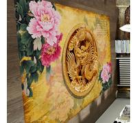 HOBBOY Oriental Dragon Welcome Mats Vintage Peony & Chinese Calligraphy Print Thin Carpet 90 x 150 cm Auspicious Floor Decor for Living Room Foyer