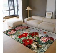 HOBBOY Oriental Flowers Rugs Red & Pink Blooms Peony Pattern Thin Carpet 140 x 200 cm Floral Prosperity Chinese Art Floor Decor for Study Living Room