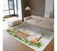 HOBBOY Playful Pastoral Thin Rug Fluffy Rabbits & Yellow Chicks Print Carpets 90 x 150 cm Spring Flower Meadow Colorful Eggs Non Slip Floor Decor