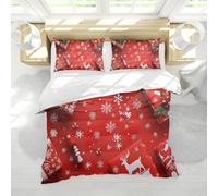 HOBBOY Red Christmas Duvet Cover 3 Pieces Bedding Set White Snowflake Reindeer Pattern Duvet Quilt Cover with Zipper 4 Ties 2 Pillowcases 200x220 cm