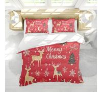 HOBBOY Red Festive Duvet Cover Set Snowflake Christmas Tree Reindeer Print Bedding Set 3 Pieces with Zipper 4 Corner Ties 2 Pillowcases 220x240 cm