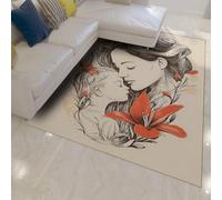 HOBBOY Red Lily Bedroom Rug 80 x 150 cm Mom & Son in Flora Embrace Patterns Carpets Sketch Style Low Pile Door Mat Romantic Tribute for Mother’s Day