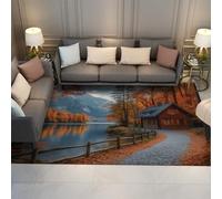 HOBBOY Relaxing Style Area Rugs Autumn Forest Trail Lakeside Cabin Scenery Print Thin Carpet for Living Room Patio Non Slip Washable 80 x 120 cm
