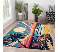 HOBBOY Rugs 80x150cm Retro Beach Area Rug Vintage Sunset Palm Trees Beach Chairs Pattern Indoor Rug Pop Art Coastal Boho Low Pile Carpet for Living Room Decor