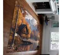 HOBBOY Rustic Cabin Style 150 x 240 cm Area Rugs Mountain Forest Lake Scene Print Low Pile Carpet for Living Room Bedroom Kitchen Washable Foldable