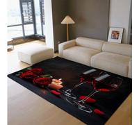 HOBBOY Small Black Area Rug 160 x 220 cm Elegant Red Rose Candlelight Pattern Door Mat for Living Room Bedroom Hotel Restaurant Low Pile Washable