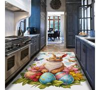 HOBBOY Spring Bunny Bliss Kitchen Rug Brown Rabbit Print Non Slip Carpets 120 x 180 cm Spring Flower Colorful Eggs & Butterflies Thin Floor Decor