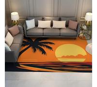 HOBBOY Vibrant Orange Area Rugs Tropical Sunset Scenery Palm Tree & Ocean Silhouette Print Low Pile Carpet for Living Room Bedroom Entry 90 x 150 cm