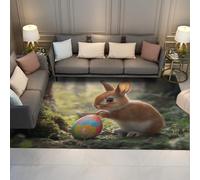HOBBOY Whimsical Easter Area Rug Cute Bunny Painting Colorful Eggs Print Carpets 150 x 210 cm Spring Sunlit Forest Green Mossy Low Pile Floor Decor