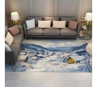HOBBOY Winter Mountain Landscape Carpets Snowy Village Farmhouse Print Throw Rug 120 x 160 cm Low Pile Door Mat Living Room Bedroom Washable Quick Dry