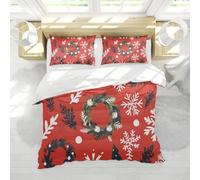 HOBBOY Winter Red Duvet Cover Set Wreath and Snowflake Pattern Bedding Set 3 Pieces with Zipper 4 Corner Ties 2 Pillowcases Christmas Decor 220x240 cm