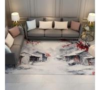 HOBBOY Winter Village Area Rugs Ink Painting Style Red Plum Blossom Print Indoor Carpet for Living Room Farmhouse Low Pile Washable 60 x 120 cm