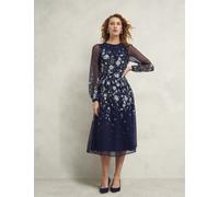 HOBBS Floral Embroidered Midi Waisted Dress Navy Mix
