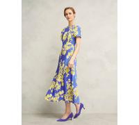 HOBBS Pure Silk Floral Midi Waisted Dress Blue Mix