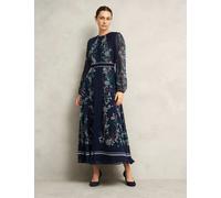 HOBBS Silk Floral Round Neck Midaxi Waisted Dress Navy Mix