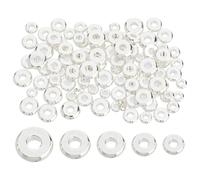 Hobbspring 100Pcs Flat Round Spacer Beads 5 Styles 925 Sterling Silver Plated Spacer Beads Smooth Dics Brass Loose Bead for Jewelry Necklace Bracelets Earring Making DIY Craft