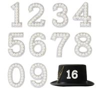 Hobbspring 10Pcs Embroidery Patches Stickers Pearl Rhinestone Number Patches Iron on 0-9 Number White Chenille Patches Pearl Number Sticker for Fabric Shirts Crafts Clothing DIY Decor