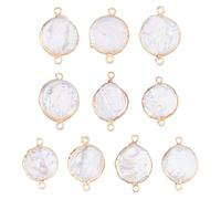 Hobbspring 10Pcs Natural Pearl Links Pendants Flat Round Pearl Connector Charms Summer Pearls Charms with Gold Edge Wrapped for Necklace Earrings Bracelets Jewelry Making