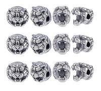 Hobbspring 12Pcs Antique Silver Beads Tiger Head Loose Bead 2 Styles European Stainless Steel Beads Tiger Head Animal Paracord Bead for Jewelry Making DIY Crafts Necklaces Bracelets