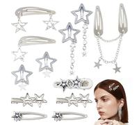 Hobbspring 12pcs Star Hair Clips 8 Styles Alloy Stars Barrettes Silver Pentagram Hair Snap Clips Set for Women Ladies Punk Kawaii Accessories Hair Decoration