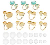 Hobbspring 16Pcs Stainless Steel Ring Base 18K Gold Plated 4 Style Ring Blanks Flat Round Pad Finger Rings Open Bezel Tray 32Pcs Glass Cabochons 0.31-0.55 inches (8-14mm) for Rings Jewelry Making