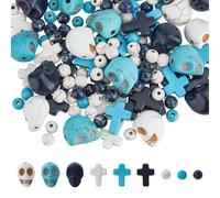 Hobbspring 180Pcs 3 Styles Synthetic Turquoise Cross, Skull, Round Beads 6mm, Assorted Dyed Stone Beads for Jewellery