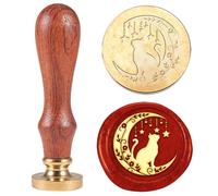 Hobbspring 1pc Cat with Crescent Moon Wax Seal Stamp Cartoon Cat Sealing Wax Stamp 25mm Removable Brass Stamp Head with Wooden Handle for Envelope Invitation Card Gift Decoration Back to School