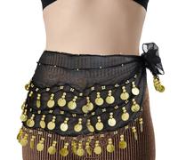 Hobbspring 1pc Chiffon Belly Dancing Scarf 136cm Black Belly Dance Hip Scarf Belly Dancing Skirt with Gold Coins Skirt Costume for Women Yoga Belly Dancing Outfits
