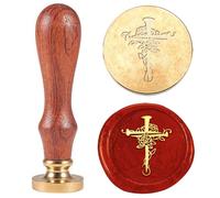 Hobbspring 1pc Cross With Rose Sealing Wax Stamp Vintage Wax Seal Stamp Gift for Christmas 25mm Removable Brass Stamp Head with Wooden Handle for Envelopes Invitations Wedding Decoration
