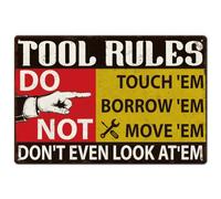 Hobbspring 1pc Funny Tool Rules Don't Garage Decor 30x20cm Metal Tin Garage Sign Vintage Wall Art Decorations with 4 Pre-Drilled Holes for Bar Home Garage Wall Decor