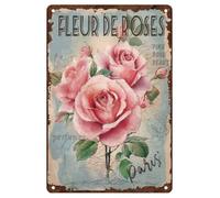 Hobbspring 1pc Pink Roses Metal Tin Sign 20x30cm Vintage Flower Painting Sign Paris Floral Poster with 4 Pre-Drilled Holes for Garden Cafe Bar Country Home Wall Decor