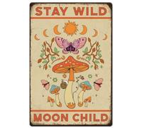 Hobbspring 1pc Stay Wild Moon Child Poster 20x30cm Vintage Metal Tin Sign Retro Mushroom Wall Decor with 4 Pre-Drilled Holes for Living Room Cafes Office Bar Home Wall Decor