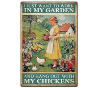 Hobbspring 1pc Vintage Metal Chicken Garden Sign 20x30cm 'I Just Want to Work in My Garden Hang Out with My Chickens' Wall Decor
