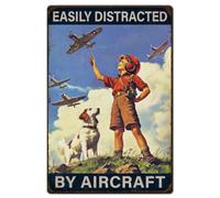 Hobbspring 1pc Vintage Metal Tin Sign 20x30cm Retro Airplane and Boy Sign Rust Look Easily Distracted by Aircraft Plane Poster for Home Men Cave Boys Room Wall Decor
