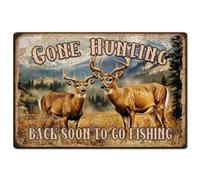 Hobbspring 1pc Vintage Metal Tin Sign 20x30cm Retro Deer Sign Rust Look Gone Hunting Back Soon to Go Fishing Funny Poster for Home Office Kitchen Bar Cafe Garden Wall Decor