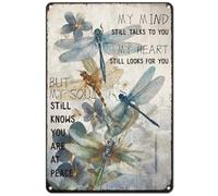 Hobbspring 1pc Vintage Metal Tin Sign 20x30cm Retro Dragonfly Signs Rusty Look Dragonfly My Mind Still Talks to You Poster for Home Country Farmhouse Garden Kitchen Wall Decor
