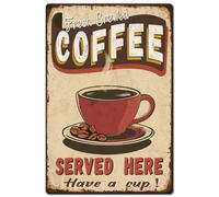 Hobbspring 1pc Vintage Metal Tin Sign 20x30cm Retro Iron Fresh Brewed Coffee Sign Rusty Look Served Here Have a Cup Poster for Kitchen Restaurant Home Outdoor Indoor Garden Decorate