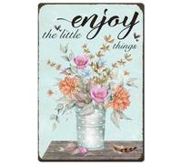 Hobbspring 1pc Vintage Metal Tin Sign 20x30cm Retro Iron Fresh Flowers Sign Enjoy The Little Things Flower Plaque Poster for Home Garden Cafe Outside Porch Patio Wall Decor