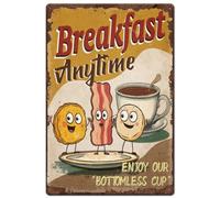 Hobbspring 1pc Vintage Metal Tin Sign 20x30cm Retro Iron Funny Breakfast Sign Rusty Look Breakfast Anytime Coffee Diner Poster for Kitchen Restaurant Home Outdoor Indoor Garden Decorate