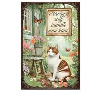 Hobbspring 1pc Vintage Metal Tin Sign 20x30cm Retro Iron Garden Cat Sign Rusty Look Always Stay Humble and Kind Poster for Home Country Farmhouse Garden Kitchen Wall Decor