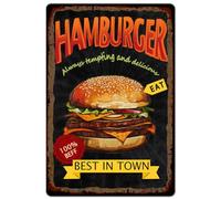 Hobbspring 1pc Vintage Metal Tin Sign 20x30cm Retro Iron Hamburger Sign Rust Look Always Tempting and Delicious Hamburger Tin Poster for Kitchen Restaurant Cafe Fast Food Shop Wall Decor