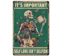Hobbspring 1pc Vintage Metal Tin Sign 20x30cm Retro Iron Skull Sign Skeletons Self Love Isn't Selfish It's Important Plaque Poster for Home Office Kitchen Bar Cafe Garden Wall Decor