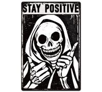 Hobbspring 1pc Vintage Metal Tin Sign 20x30cm Retro Iron Skull Sign Stay Funny Spooky Positive Skeleton Plaque Poster for Home Office Kitchen Cafe Garden Wall Decor