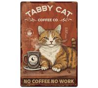 Hobbspring 1pc Vintage Metal Tin Sign 20x30cm Retro Iron Tabby Cat Sign Rust Look No Coffee No Work Cat Poster for Cafe Bar Pub Home Office Kitchen Wall Decor