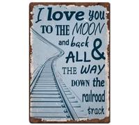 Hobbspring 1pc Vintage Metal Tin Sign 20x30cm Retro Iron Train Track Sign I Love You To The Moon And Back And All The Way Down The Railroad Track Train Poster for Home Boy Room Wall Decor