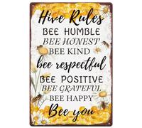 Hobbspring 1pc Vintage Metal Tin Sign 30x20cm Retro Iron Bee Hive Rules Sign Rusty Look Bee Humble Bee Honest Bee Kind Poster for Outdoor Beehive Decoration Bee Hive Classroom Decor